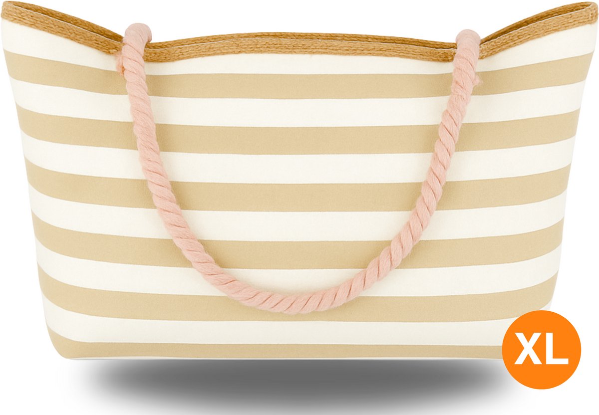 Pazzo Goods Strandtas XL met Rits Beige/Wit – Grote Strandtas Dames Waterbestendig – Ibiza Style Beach Bag