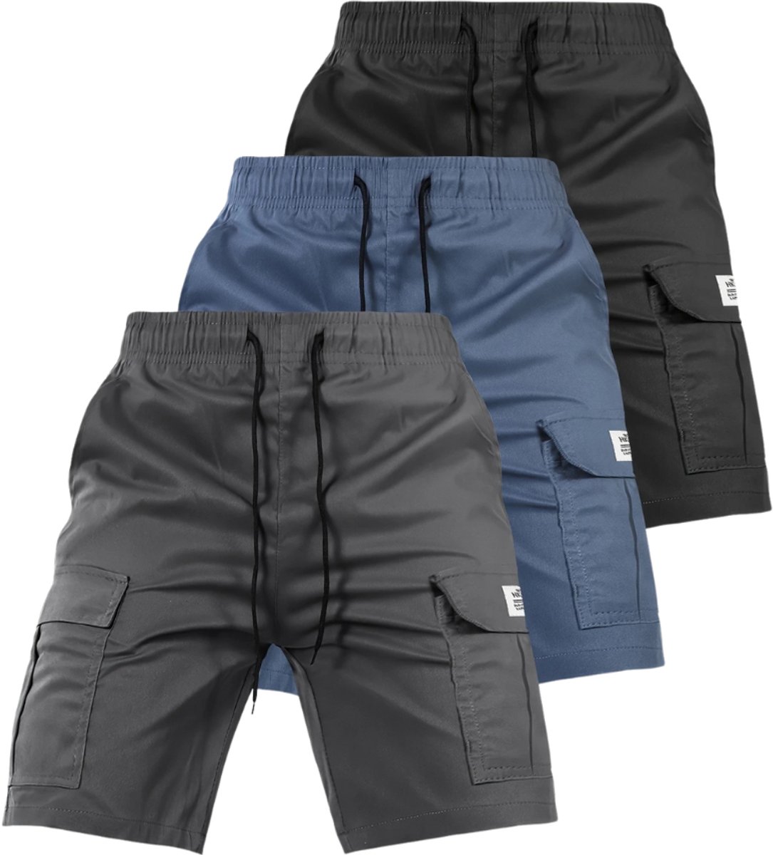 Livano Korte Broek Heren Cargobroek Spijkerbroek met Zakken Volwassenen Jongens Shorts 3 Pcs /Donkerblauw Zwart