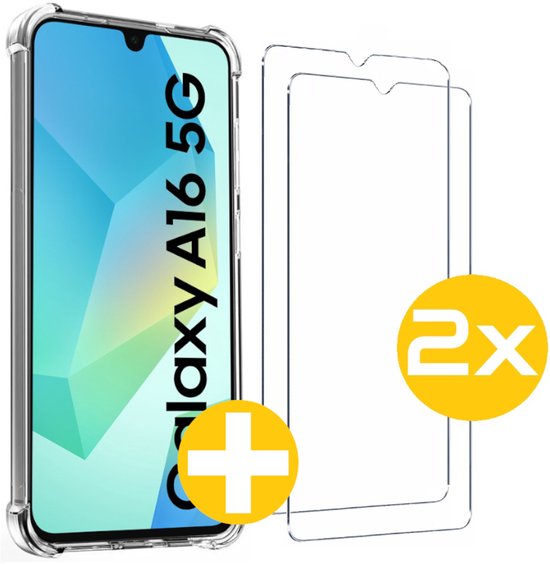 Samsung A16 Hoesje Anti Shock Siliconen + 2x 9H Tempered Glas Screenprotector Combi Pack