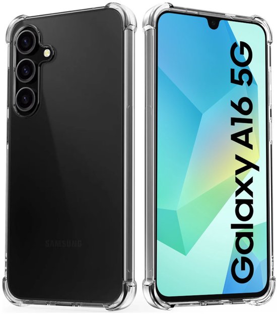Voor- en achterkant van een doorzichtig telefoonhoesje met versterkte hoeken voor Samsung A16 5G.