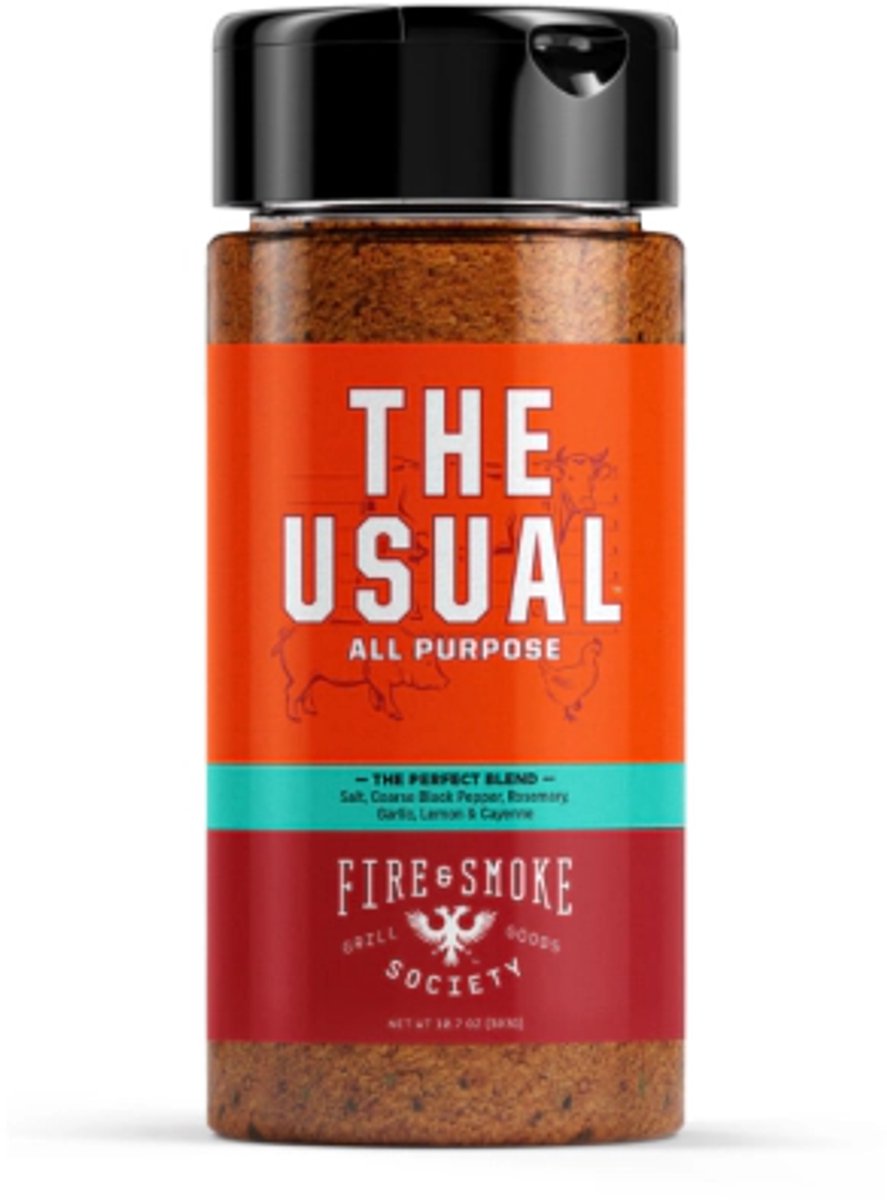 Fire & Smoke The Usual All Purpose Rub – 303g – Kruidige Allround BBQ Rub voor Vlees, Groenten en Meer – Veelzijdige Kruidenmix in Handige Strooi Verpakking