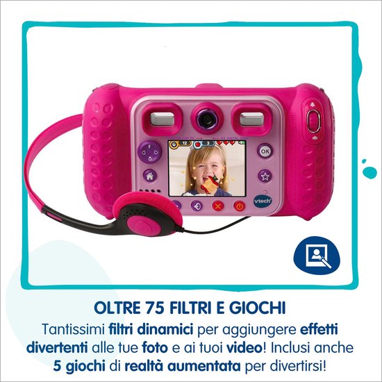 Roze kindercamera met koptelefoon, 5MP camera, 2MP selfie camera.