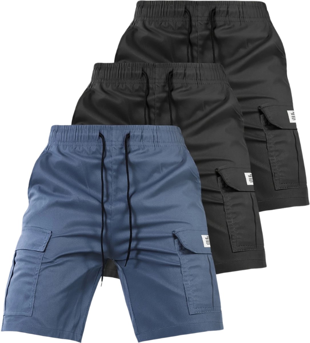Bovista Korte Broek Heren Cargobroek Spijkerbroek met Zakken Volwassenen Jongens Shorts 3 Pcs Zwart