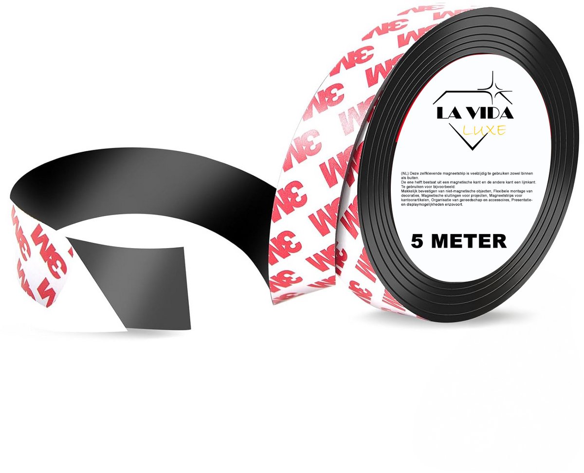 Magneetband met 3M Plakstrip - 5 Meter Lang - Magneet Tape - Magnetisch Tape - Zelfklevend - Magneetstrip zelfklevend - Magneetband Zelfklevend - Magneetstrip Messen - Zwart