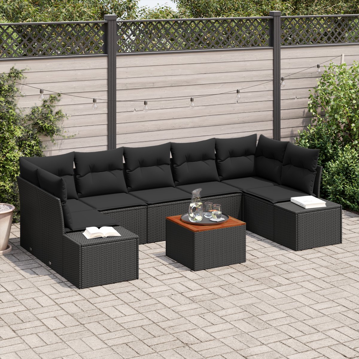 vidaXL - Tuinbank - Set - met - kussen - 8 - pcs - Zwart - poly - rattan
