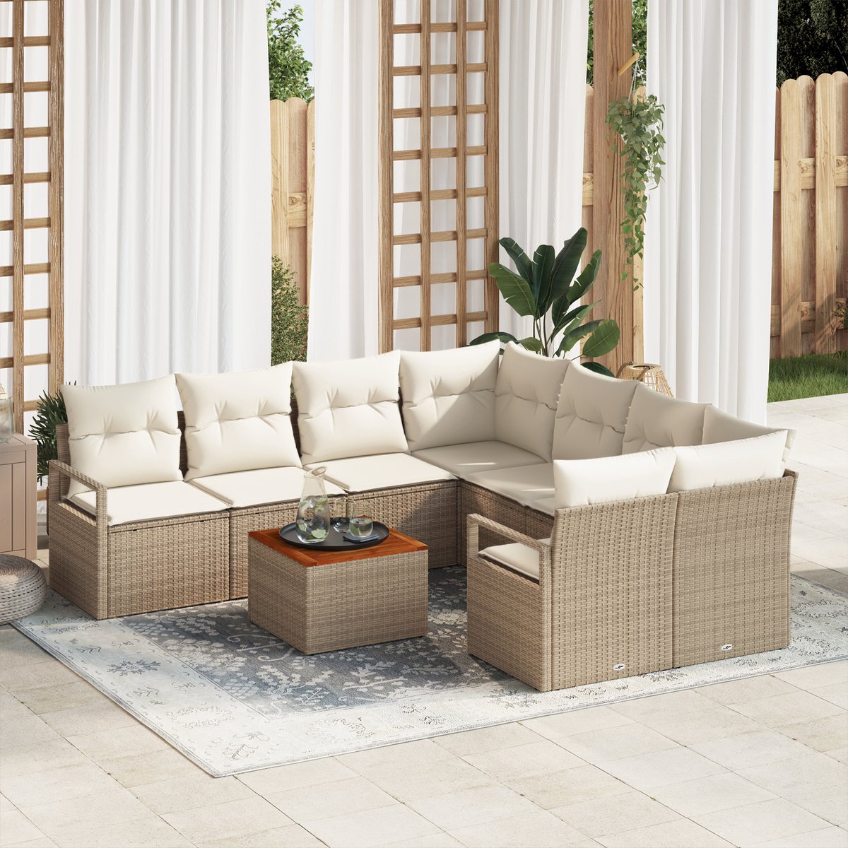 vidaXL - Tuinbank - Set - met - kussen - 9 - pcs - Beige - poly - rattan