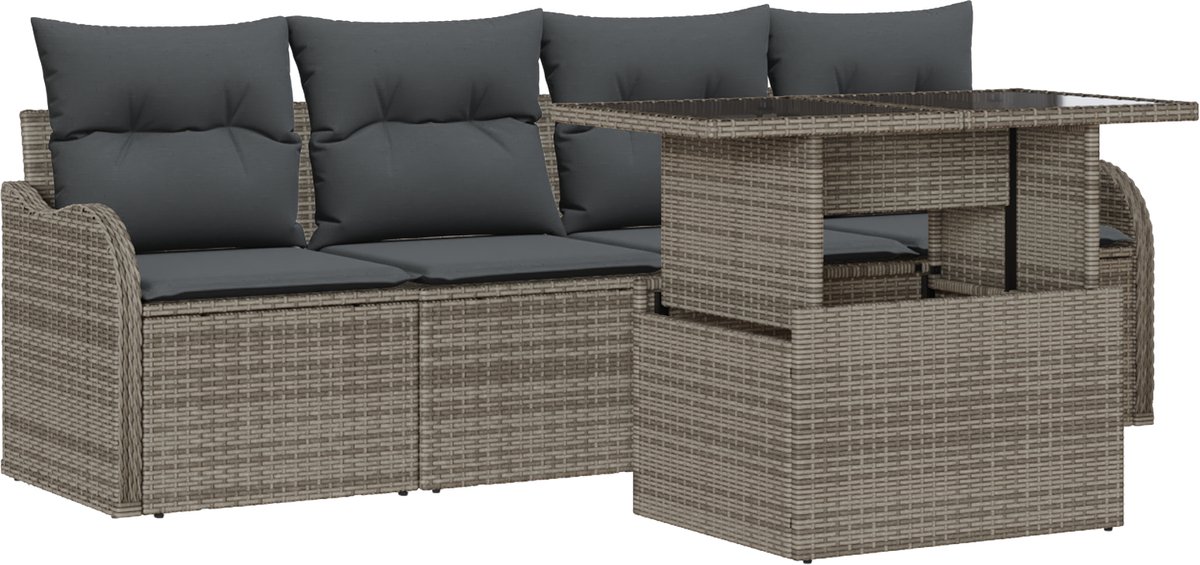 vidaXL - Tuinbank - Set - met - kussen - met - kussen - 5 - pcs - Grijs - Poly - Riet