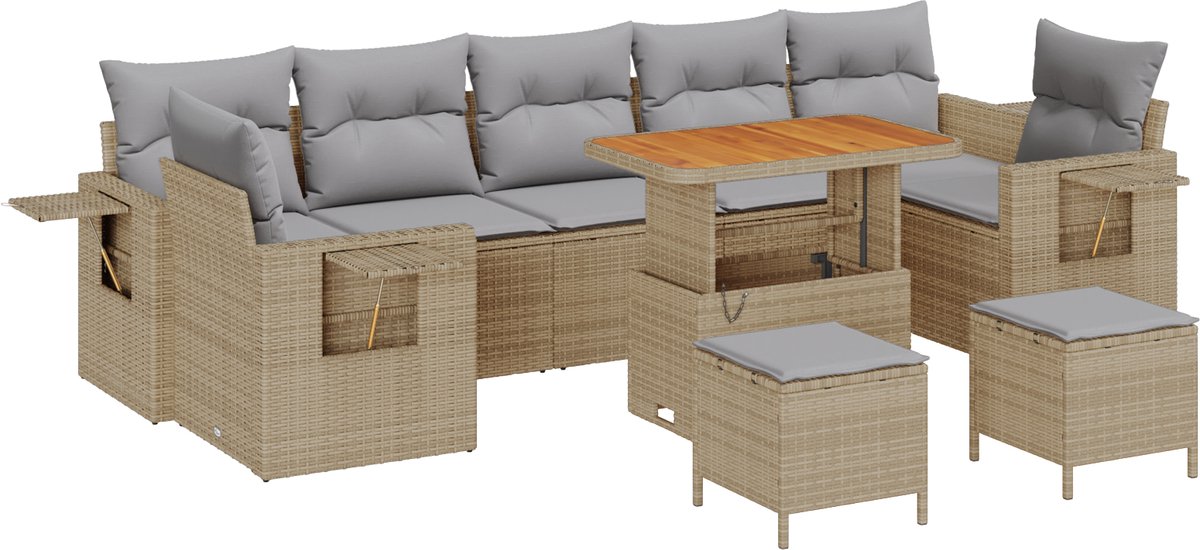 vidaXL - Tuinbank - Set - met - kussen - 10 - pcs - Beige - en - Lichtgrijs - poly - rattan