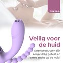 Paarse vibrator met kralen en een vrouw die zachtjes haar gezicht aanraakt. "Veilig voor de huid".