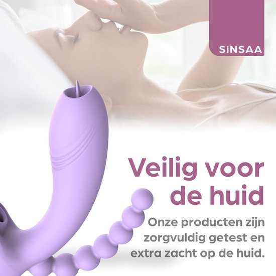 Paarse vibrator met kralen en een vrouw die zachtjes haar gezicht aanraakt. "Veilig voor de huid".