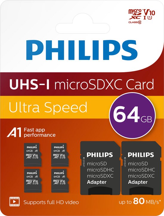 Carte Micro SDXC Philips FM64MP45D 64 Go - avec adaptateur - Classe 10 - UHS-I U1 - Lot de 4