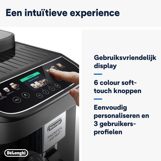 Vinger drukt op het kleurenscherm van de zwarte DeLonghi Magnifica Evo Next. Tekst: "Gebruiksvriendelijk display".