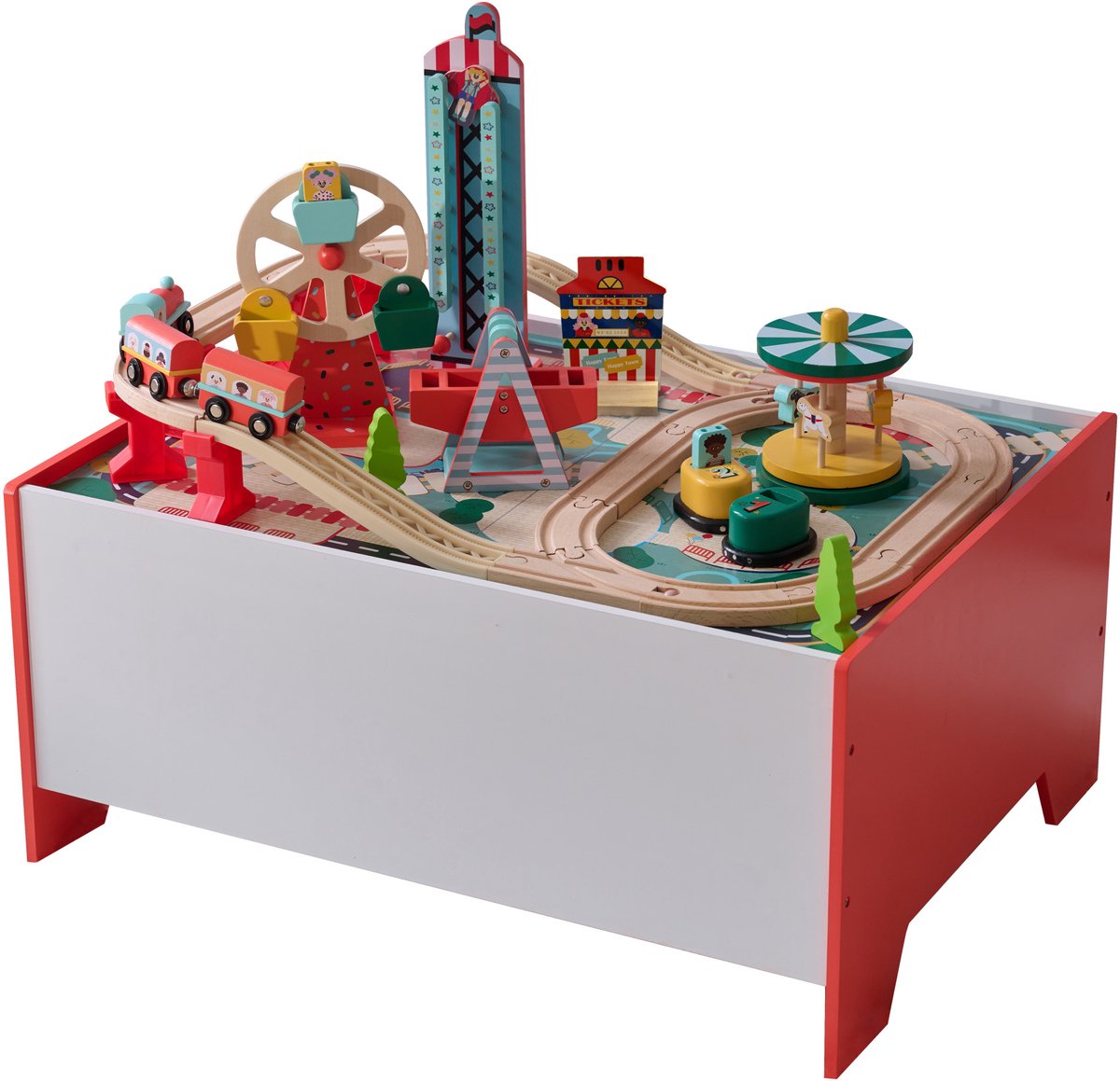 Teamson Kids Houten Treinset Speeltafel - Pretpark - Interactieve Accessoires - Inclusief Opbergtas