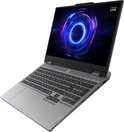 Grijze Lenovo LOQ laptop, open, met kleurrijk verlicht toetsenbord en logo.