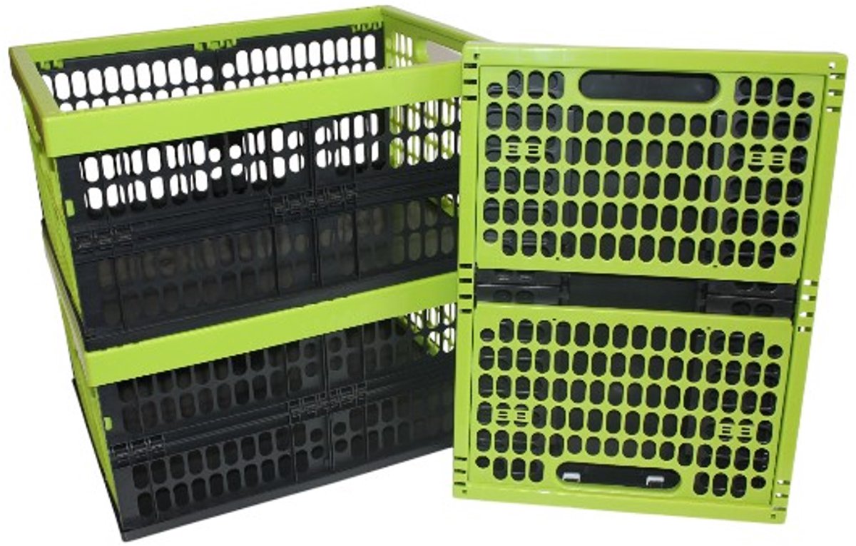 Vouwkrat – Vouwkratten – Boodschappenkrat – Inklapbaar – Stapelbaar – Set van 3 stuks - 32 Liter – Zwart/Groen
