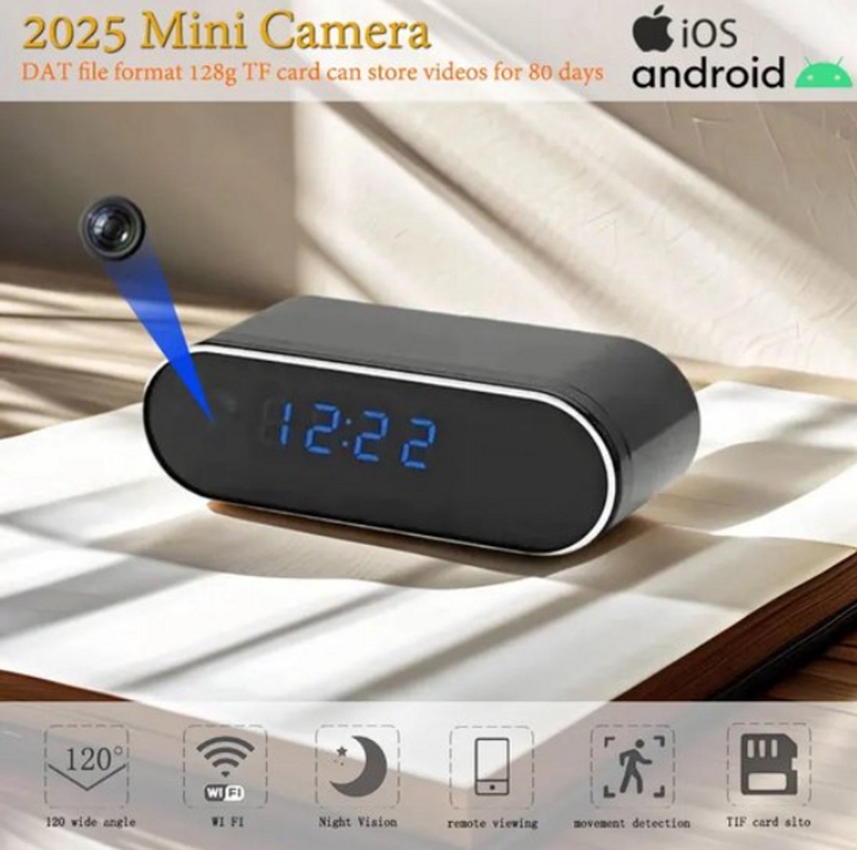 Nieuwe Miniklokcamera – Infrarood Nachtzicht, Mobiele Detectie, WIFI Afstandsbediening en Beveiliging voor Kantoor, Woonkamer + 32GB TF Kaart