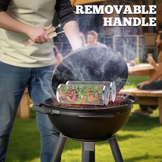 Famanu Geneste rollende grillmandenset met houten handvat (2 stuks, 24 cm x 10 cm), Rolling Grilling mand, grillnet voor de buitengrill voor groenten, grillmand, roestvrij staal, cilindrisch — afbeelding 4