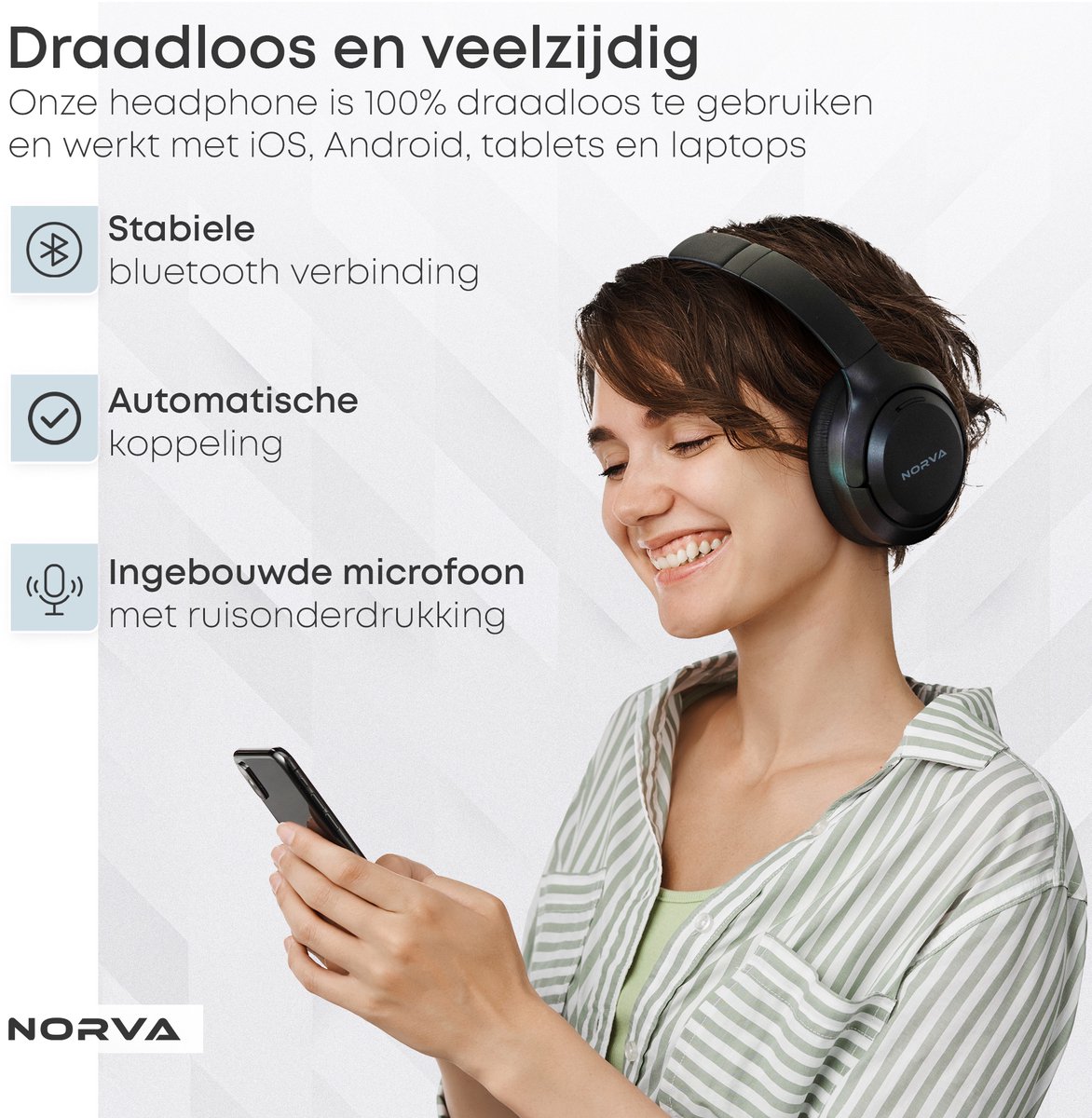 Norva P70 - Draadloze Noise Cancelling Koptelefoon - Bluetooth 5.3 Headphones - Over-ear Hoofdtelefoon - Met Microfoon en Opbergcase - 60u Batterij - Zwart — afbeelding 7