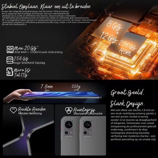 Tablette Teclast T60 12 pouces Android 2000x1200 T620 8 Core , 20 Go de Ram max., 256 Go de ROM, 4G LTE Type-C, 8 000 mAh, Widevine L1 - Tablette et étui