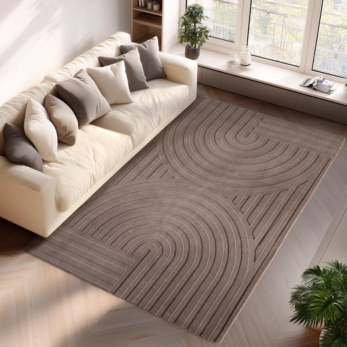 Pompei Doppio Bruin – Dubbel Cirkelmotief – Laagpolig – Trending Vloerkleed – 140x200 cm