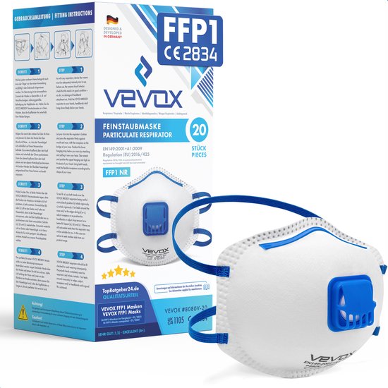 VEVOX® Stofmasker FFP1 – Set van 5, 10 of 20 – Mondkapje – Dust Mask – Masker met ventiel – Adembescherming bijv. tegen fijnstof, schuurstof of bouwstof