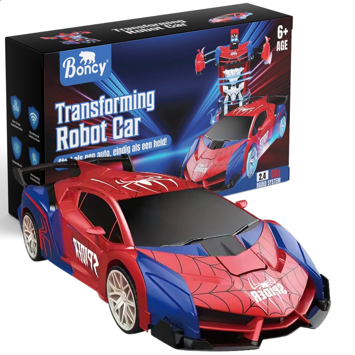Boncy® Bestuurbare RC Auto - Transformerend Robot Speelgoed Binnen & Buiten - Afstandbestuurbaar Race Drift Car - Jongens Meisje - Afstandsbestuurbaar Raceauto Accu Spiderman Alternatief Stuntauto - Bestuurbaar Elektrisch Autos Afstandsbediening — afbeelding 10