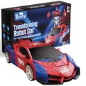 Rode en blauwe transformerende robotauto met Spiderman-logo's, op de doos staat 'Transforming Robot Car'.