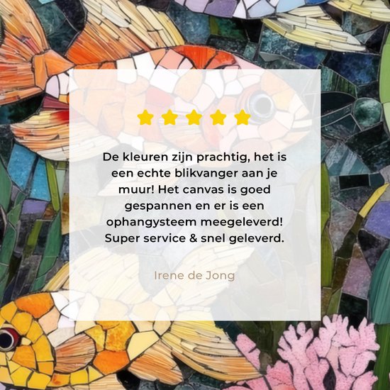 Close-up mozaïek van de vissen en de review tekst.