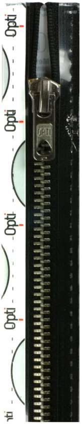 Zwarte rits van Opti met zilverkleurige tanden en "Opti" logo.