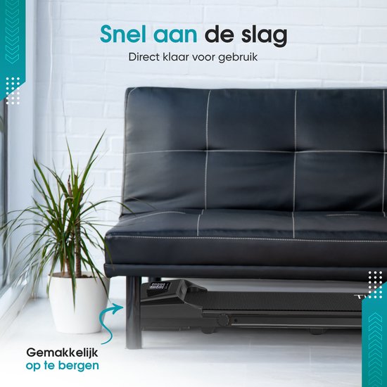 Zwarte TibaGoods loopband onder een zwarte bank, met tekst "Snel aan de slag" en "Gemakkelijk op te bergen".