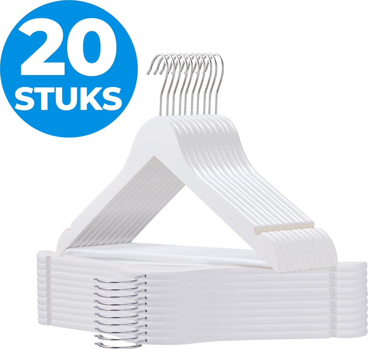 ACAZA Kledinghangers - Kleerhangers - Broekhanger - 20 Stuks - Volwassenen - 100% FSC-Gekeurd Duurzaam Hout - Anti Slip - Wit