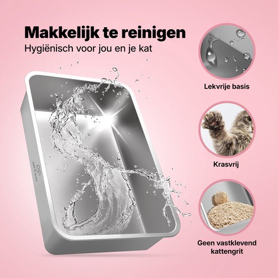 Gouden RVS kattenbak met opspattend water, links van de tekst 'Makkelijk te reinigen'. Kleine afbeeldingen tonen waterdruppels, een schattige kitten, en kattenbakvulling.