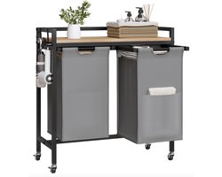 Varnox Wasmand kastje - Wasmandkastje - Tafel met wasmand - Wasmand met 2 vakken - Waszak - Wassorteerder - Wasmand tafel - Badkamerkast - Wasmand meubel - Wasmand rek - Light oak - Op wielen - Zwart metaal
