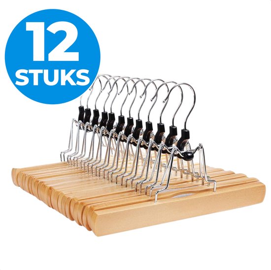 ACAZA Kledinghangers - Broekhanger - 12 Stuks - Anti Slip - 100% FSC-Gekeurd Duurzaam Hout - Lichte Eik Kleur