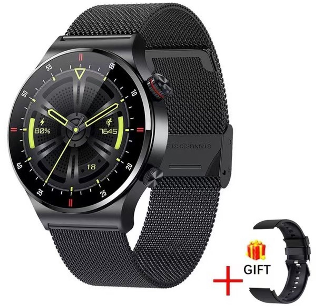 Knobbout 1,28" IPS inch Touchscreen smartwatch- Met de roterende knop wissel je snel tussen schermen- Persoonlijk Wijzerplaatontwerp - Bluetooth bellen en contacten synchronisatie - zwart staal+siliconen horlogeband