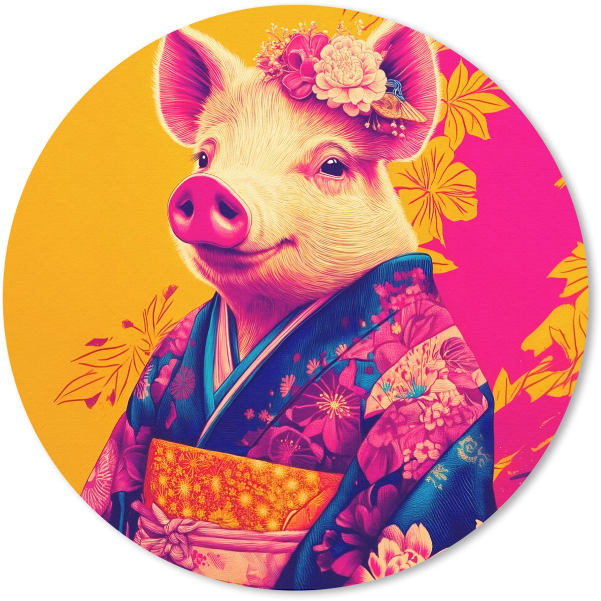 Muismat rond 30x30 cm - Mousepad Varken - Bloemkroon - Kimono - Abstract - Ronde muismatten