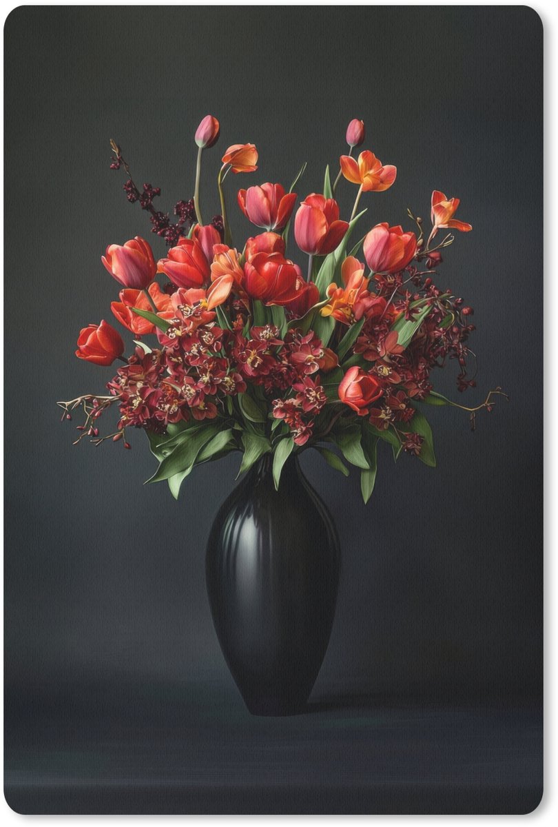 Muismat 18x27 cm - Mousepad Boeket - Tulpen - Vaas - Rood - Muismatten