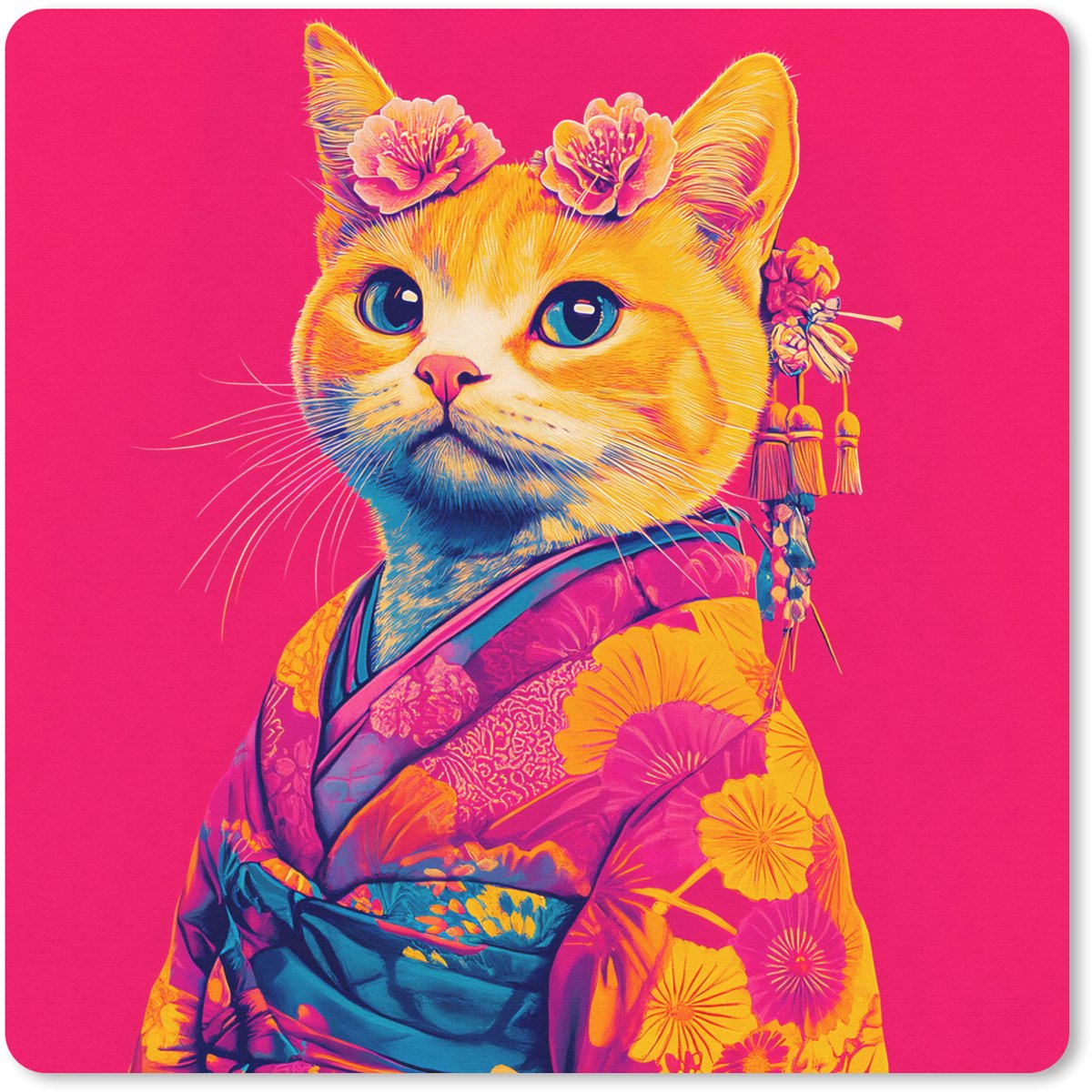 Muismat 30x30 cm - Mousepad Kat - Kimono - Bloemen - Roze - Muismatten