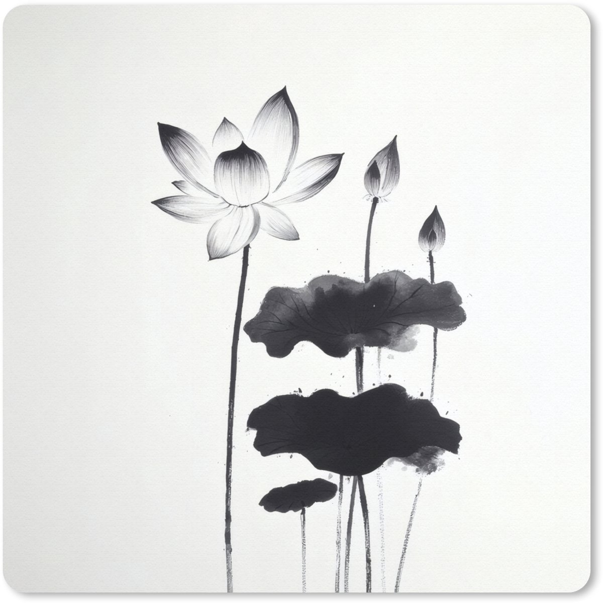 Muismat 20x20 cm - Mousepad Bladeren - Zwart - Lotusbloem - Minimalitisch - Muismatten