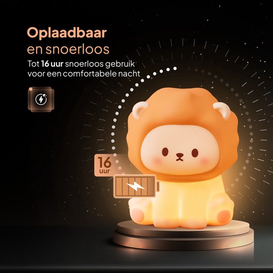 Nachtlampje Kinderen - Mobstore Leeuwtje Nachtlampje - Draadloos & Oplaadbaar - Touch Bediening - Dimbaar LED Licht - Timerfunctie - Slaaptrainer - Ideaal voor Babykamer & Kinderkamer - Siliconen Bedlampje van Mobstore — afbeelding 5