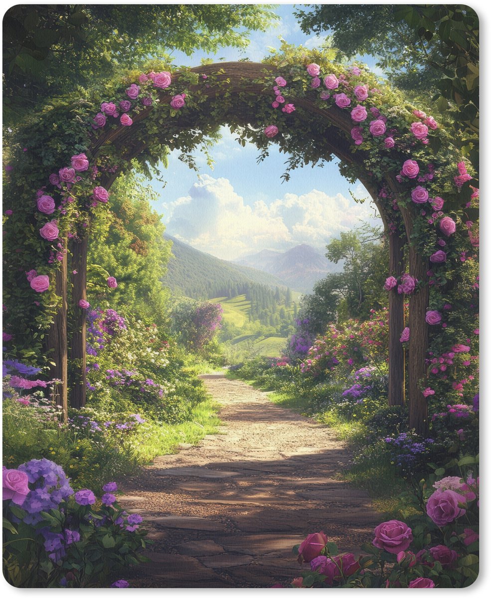 Muismat 19x23 cm - Mousepad Doorkijk - Rozenboog - Uitzicht - Landschap - Bloemen - Muismatten