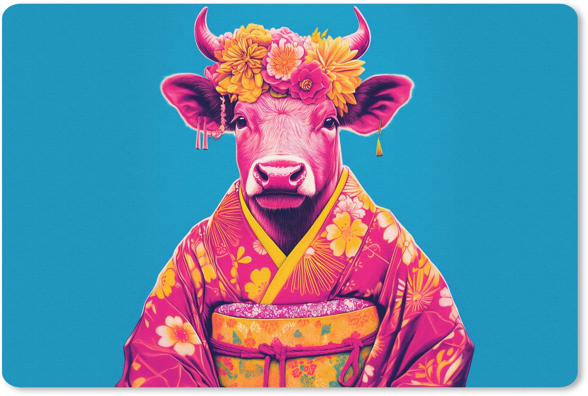 Muismat 27x18 cm - Mousepad Koe - Bloemenkrans - Oorhangers - Kimono - Muismatten