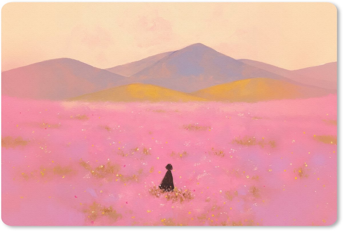 Muismat 27x18 cm - Mousepad Bloemenweide - Heuvels - Silhouet - Roze - Muismatten