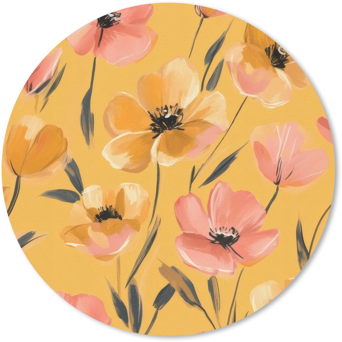 Muismat rond 30x30 cm - Mousepad Bloemen - Geschilderd - Geel - Ronde muismatten