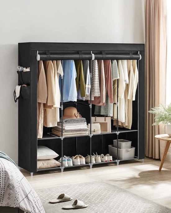 SONGMICS Garderobe, kapstok, met 1 kledingstang, 6 legplanken, vliesstof, metalen frame, 45 x 105 x 168 cm, voor slaapkamer, hal, zwart RYG085B02