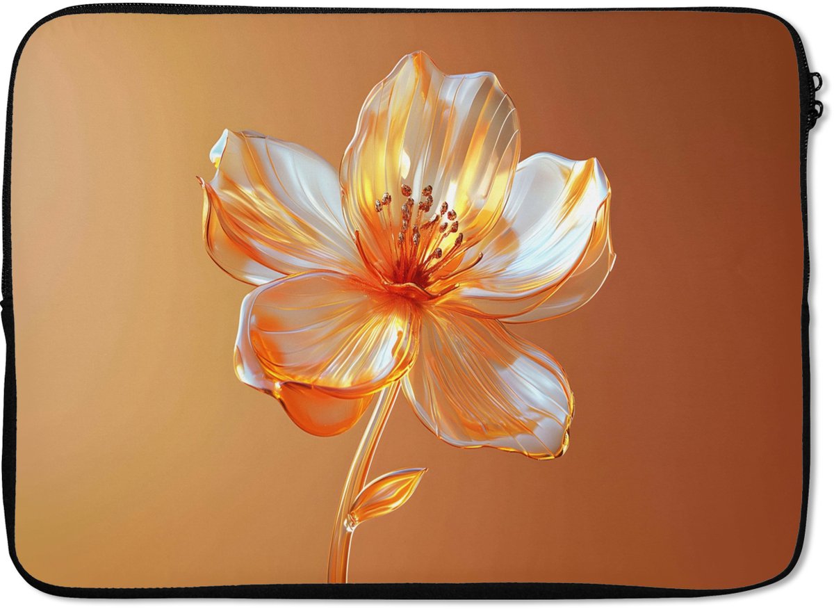 Laptophoes 13 inch - Glazen - Bloem - Oranje - Laptop sleeve - Binnenmaat 32x22,5 cm - Zwarte achterkant