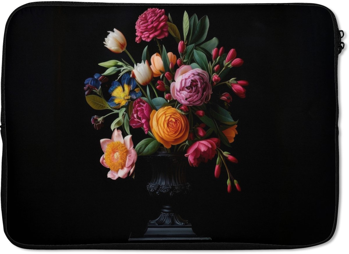 Laptophoes 13 inch - Boeket - Romantisch - Kleurrijk - Laptop sleeve - Binnenmaat 32x22,5 cm - Zwarte achterkant
