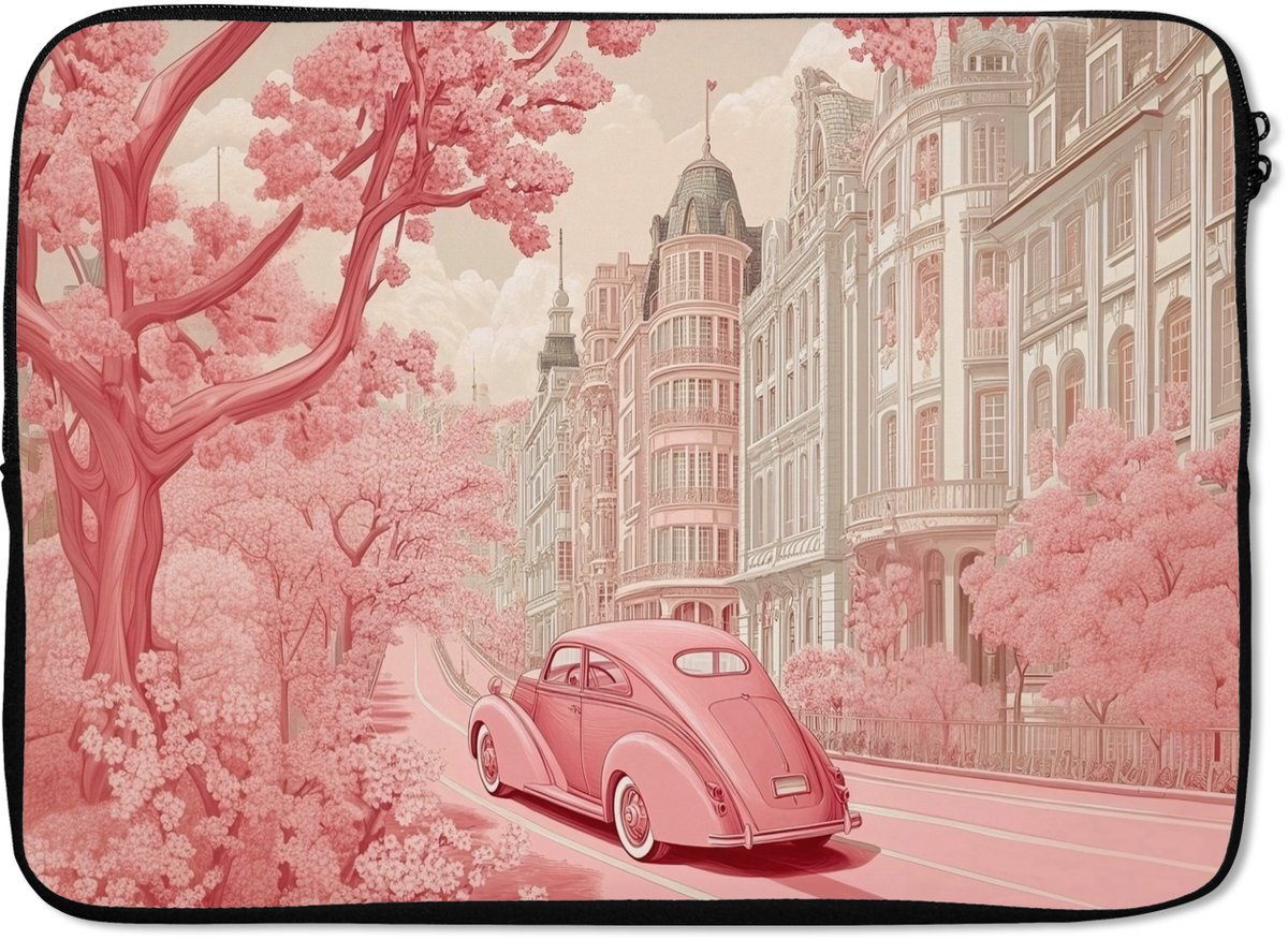 Laptophoes 14 inch - City - Car - Pink - Laptop sleeve - Binnenmaat 33x23 cm - Zwarte achterkant