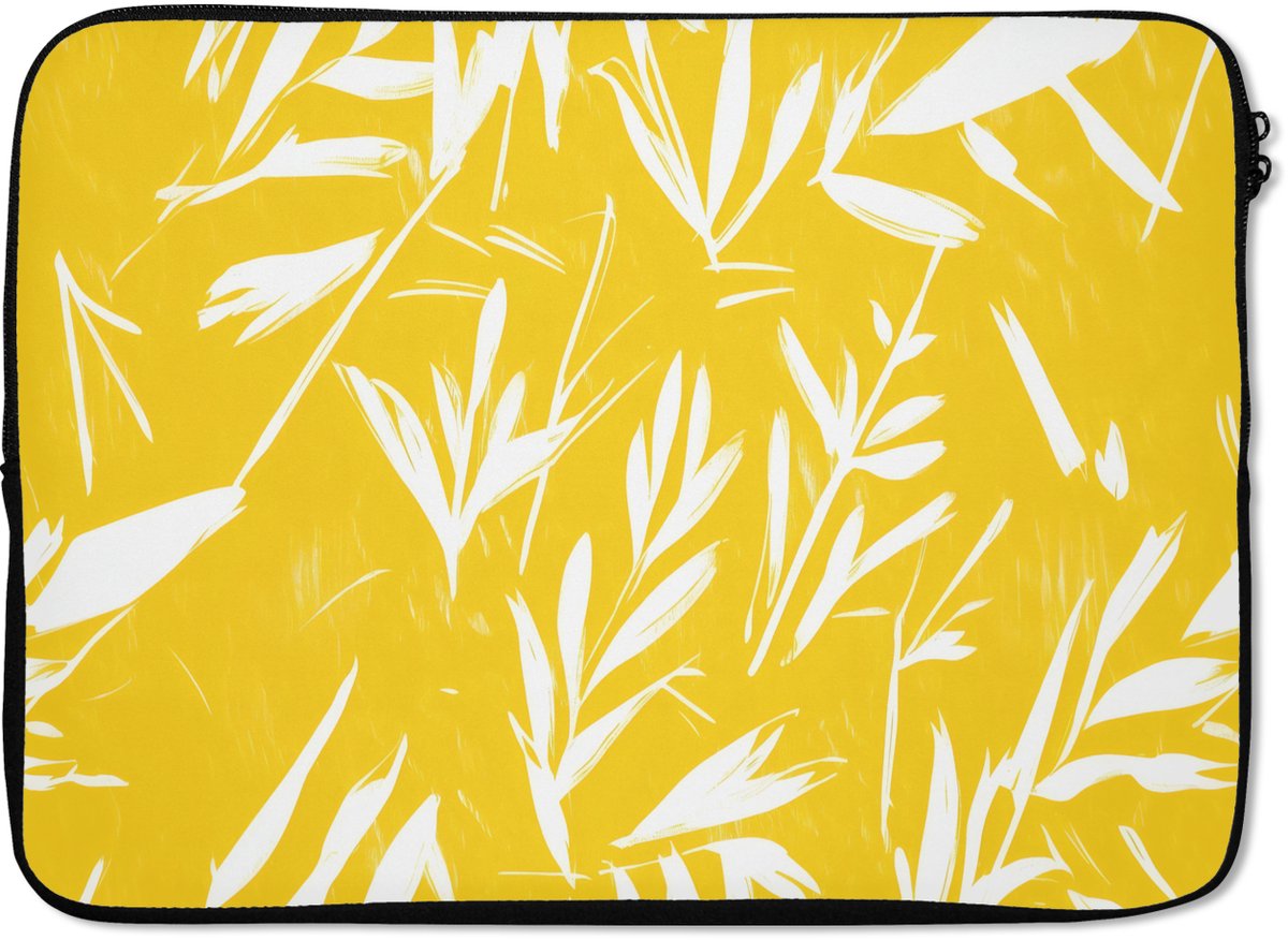 Laptophoes 14 inch - Abstract - Bladeren - Geel - Penseelstreken - Laptop sleeve - Binnenmaat 33x23 cm - Zwarte achterkant