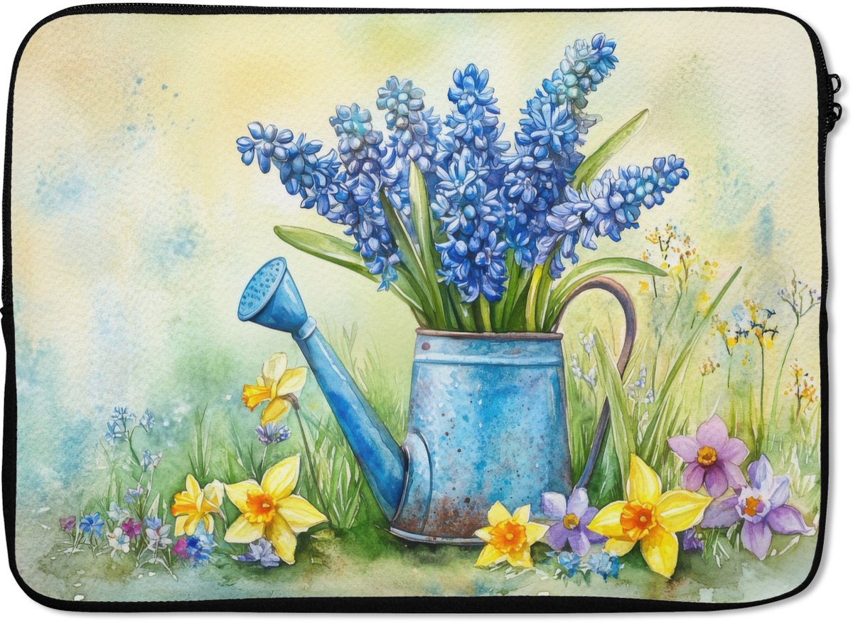 Laptophoes 13 inch - Gieter - Lavendel - Bloesems - Laptop sleeve - Binnenmaat 32x22,5 cm - Zwarte achterkant